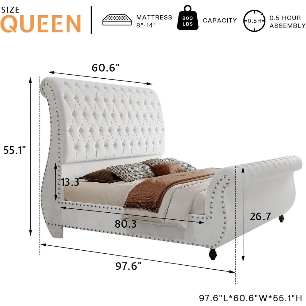 Velvet Upholstered Sleigh Bed Frame — White | KIMLUD