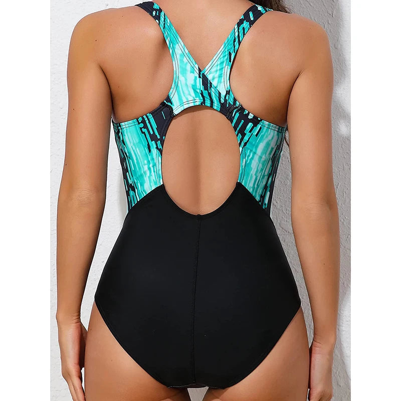 Printed One Piece Swimsuit Hollow-Out Backless Triangle — Black | KIMLUD