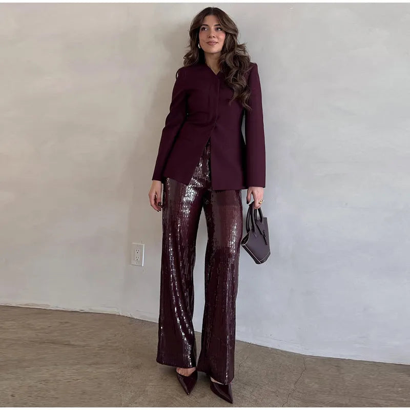 Street Sequin Pants Women Loose High Waist Wide Legs Shiny Trousers Female 2025 Spring Fashion Straight Chic Streetwears Lady