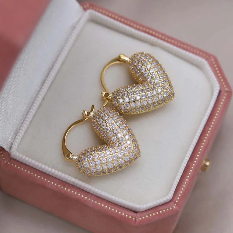 Gold-Tone Zircon Hoop Earrings Heartbeat Motif With Brilliant Crystals — Gold | KIMLUD