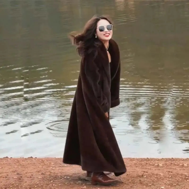 Women Faux Fur Coats Knee Length Coat Turn Down Collar Thick Warm Elegant Maxi Y2k Streetwear Outerwear Jackets Winter Spring