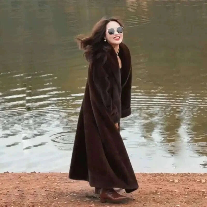 KIMLUD, Women Faux Fur Coats Knee Length Coat Turn Down Collar Thick Warm Elegant Maxi Y2k Streetwear Outerwear Jackets Winter Spring, KIMLUD Womens Clothes