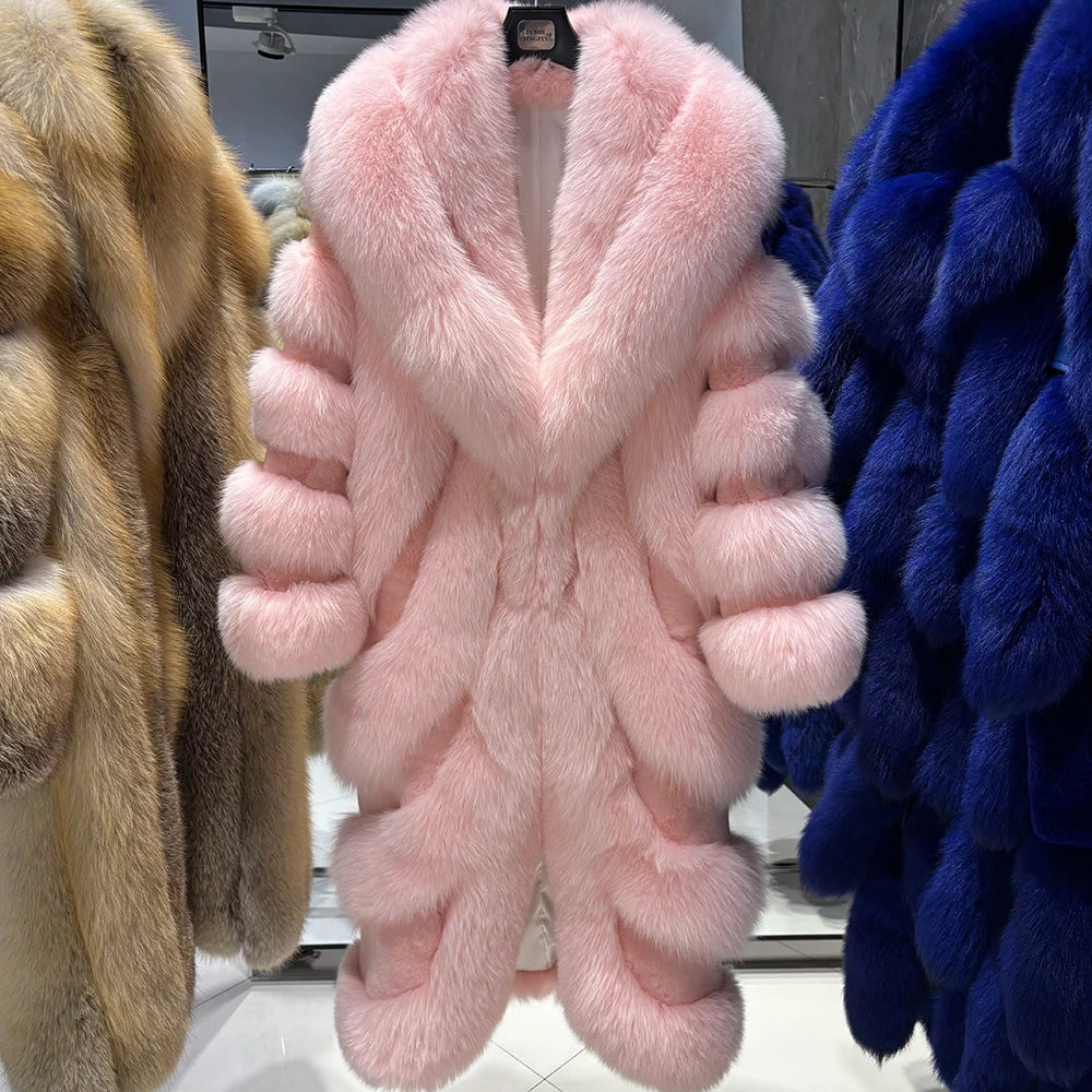 YOLOAgain 2025 Winter Warm Luxury Real Fox Fur Coat Women Pink Fox Fur Jacket Long