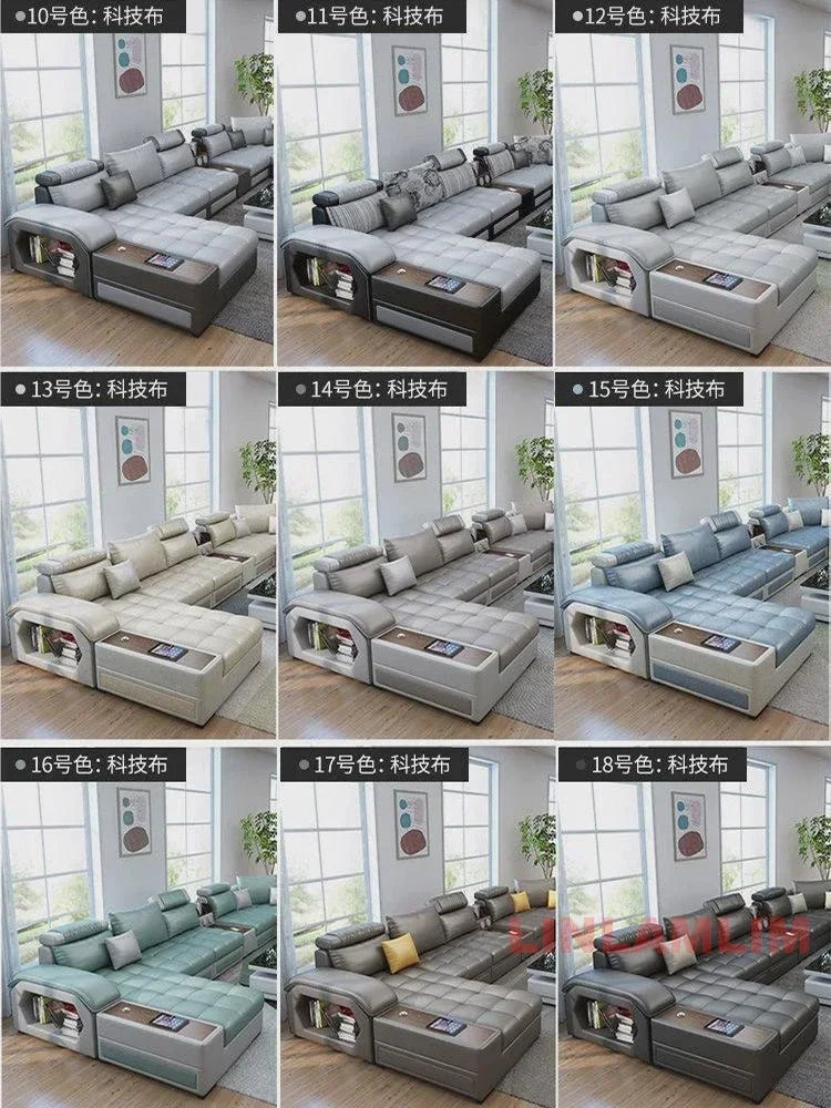 U-Shaped Sectional Fabric Sofa With Storage And Built-In Side Table — Gray | KIMLUD