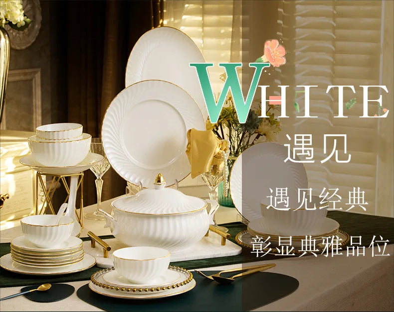 Bone China Dinnerware Set With Gold Accents — White | KIMLUD