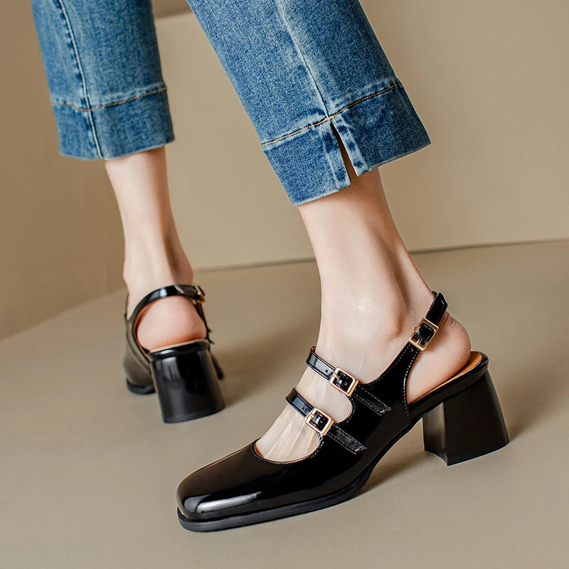 Patent Leather Chunky Mary Jane Pumps Slingback — Black-Silver | KIMLUD