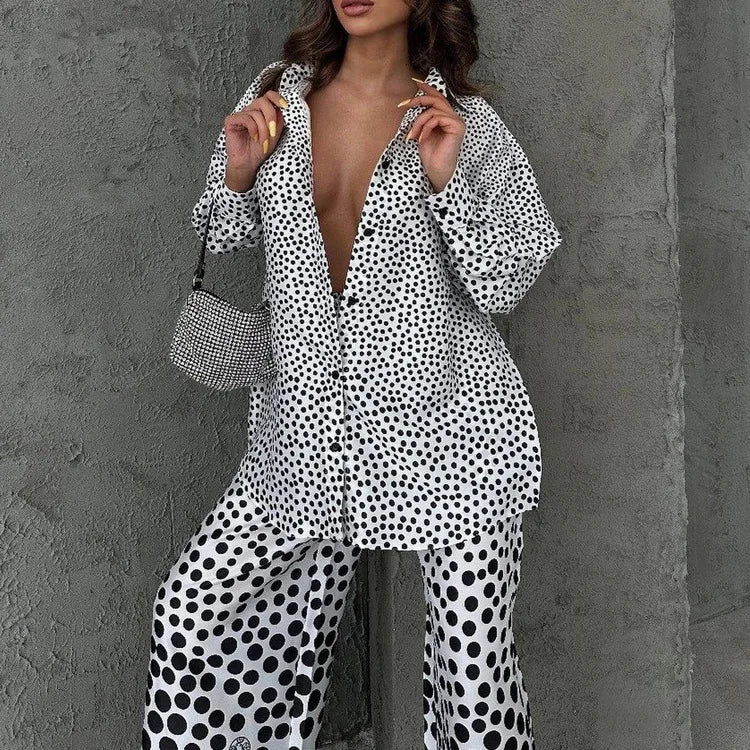 Two-Piece Pajama Set – Long Sleeve Top and Wide-Leg Pants – Polyester | KIMLUD