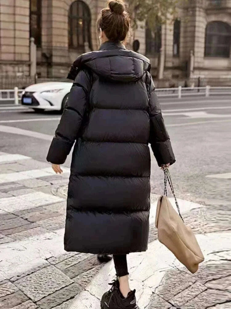 KIMLUD, New Arrivals Winter White White Duck Down Hooded Long Puffer Jacket Thickened Warm Solid Color Fashion Windproof Down Jacket, KIMLUD Womens Clothes