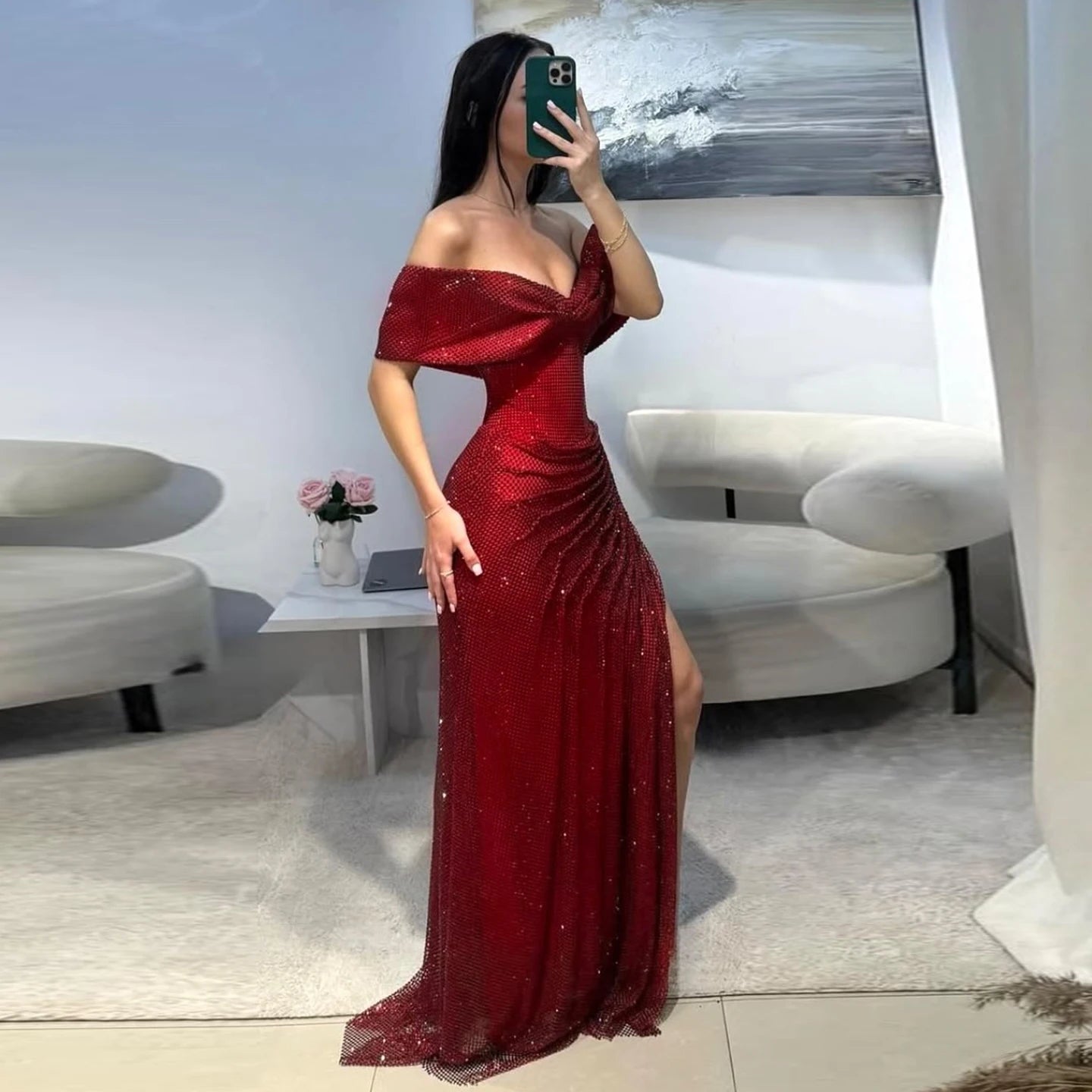 Sharon Said Elegant Wine Red Tulle Off Shoulder Mermaid Prom Dress Evening Party Gowns SH570 Customized