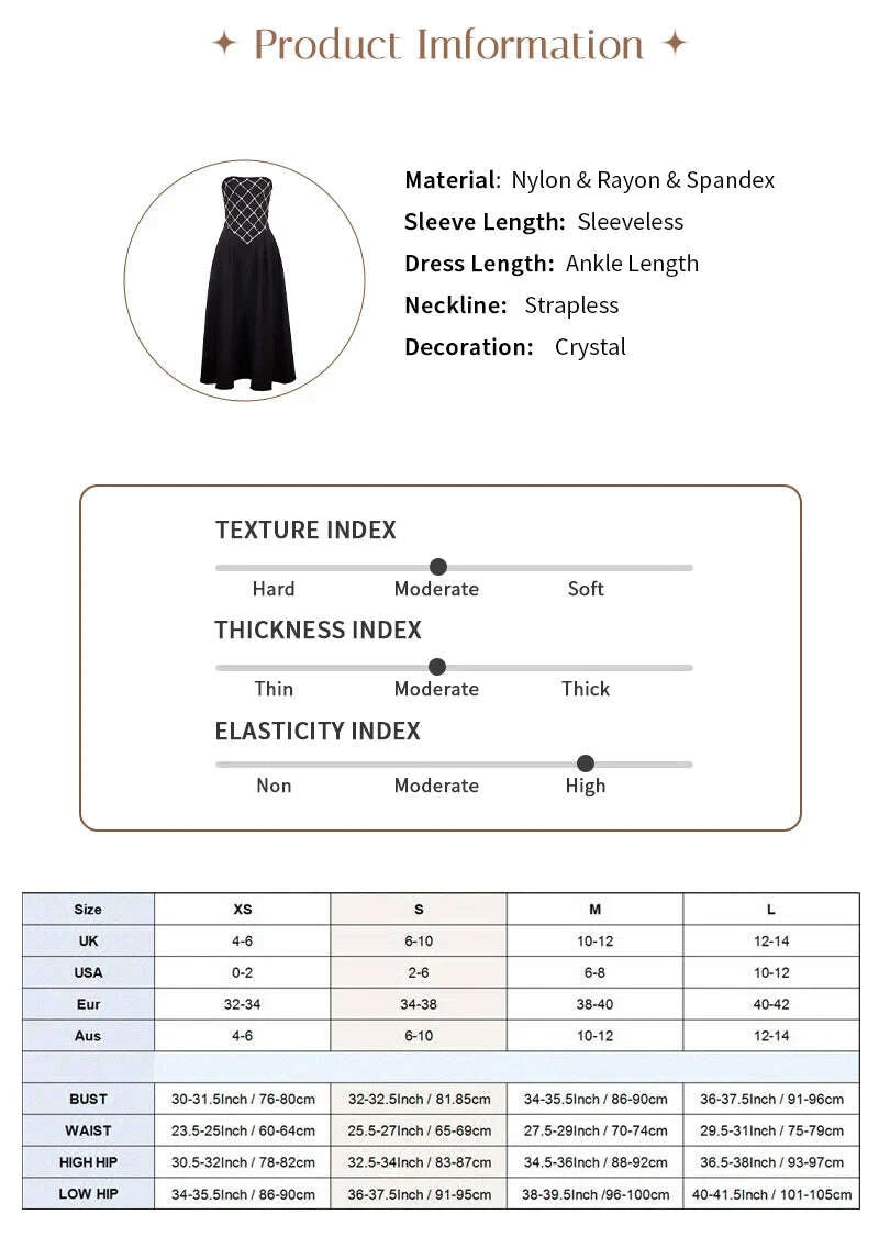 KIMLUD, VC Glamorous Black Sleeveless Strapless Dress with Diamond-Grid Details for Galas Gown, KIMLUD Womens Clothes