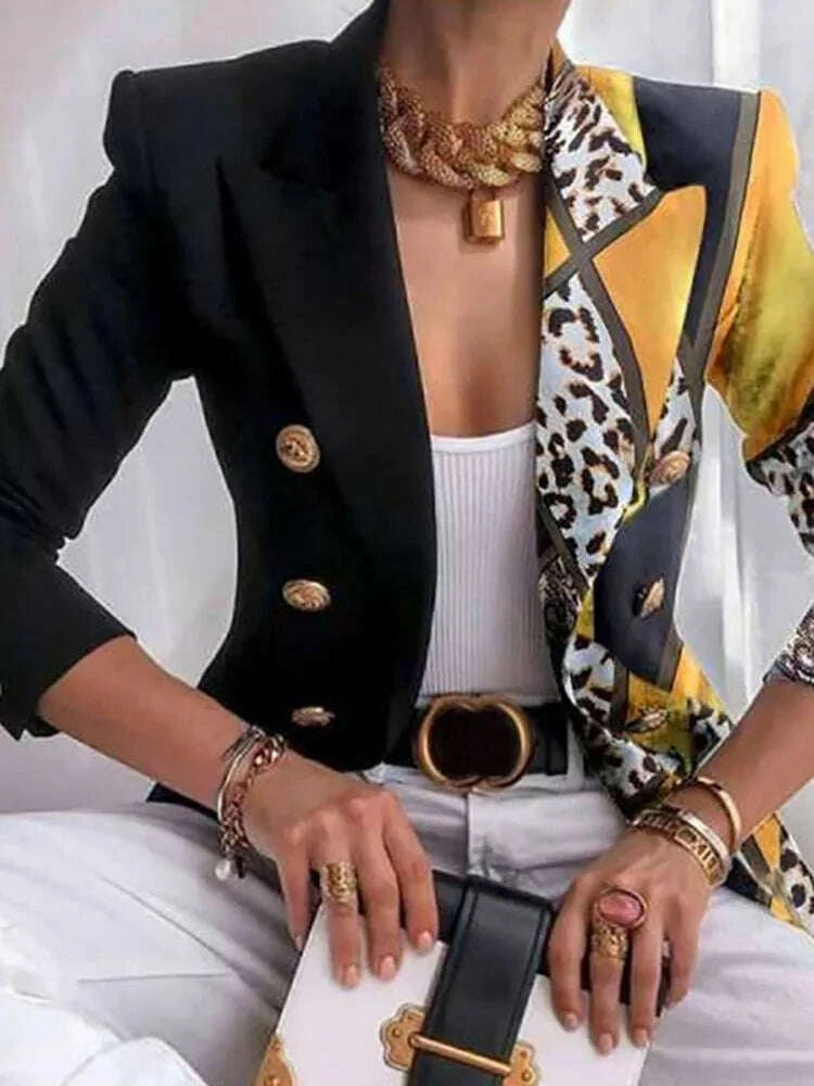 KIMLUD, Long Sleeve Button Patchwork Simple Outerwear, Women Spring Autumn Turn-Down Collar Chic Coats, New Print Fashion Ladies Blazers, KIMLUD Womens Clothes