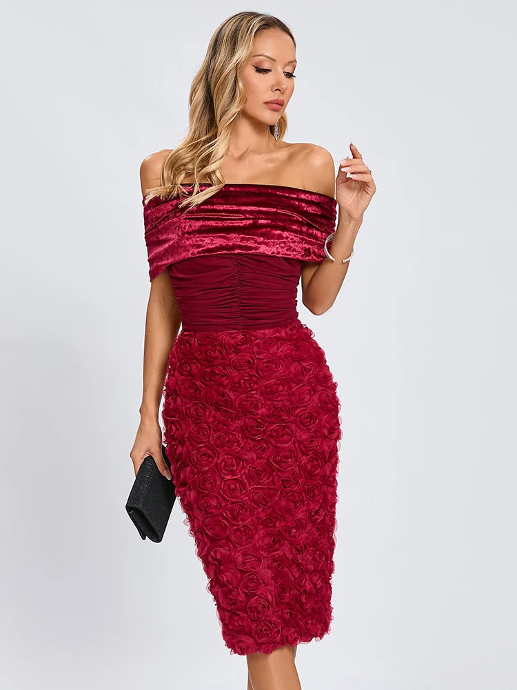 VC Red Off The Shoulder Midi Dress Flower Patchwork Mesh Slash Neck Velvet Bodycon Prom Celebrity Cocktail Party Wear Vestidos