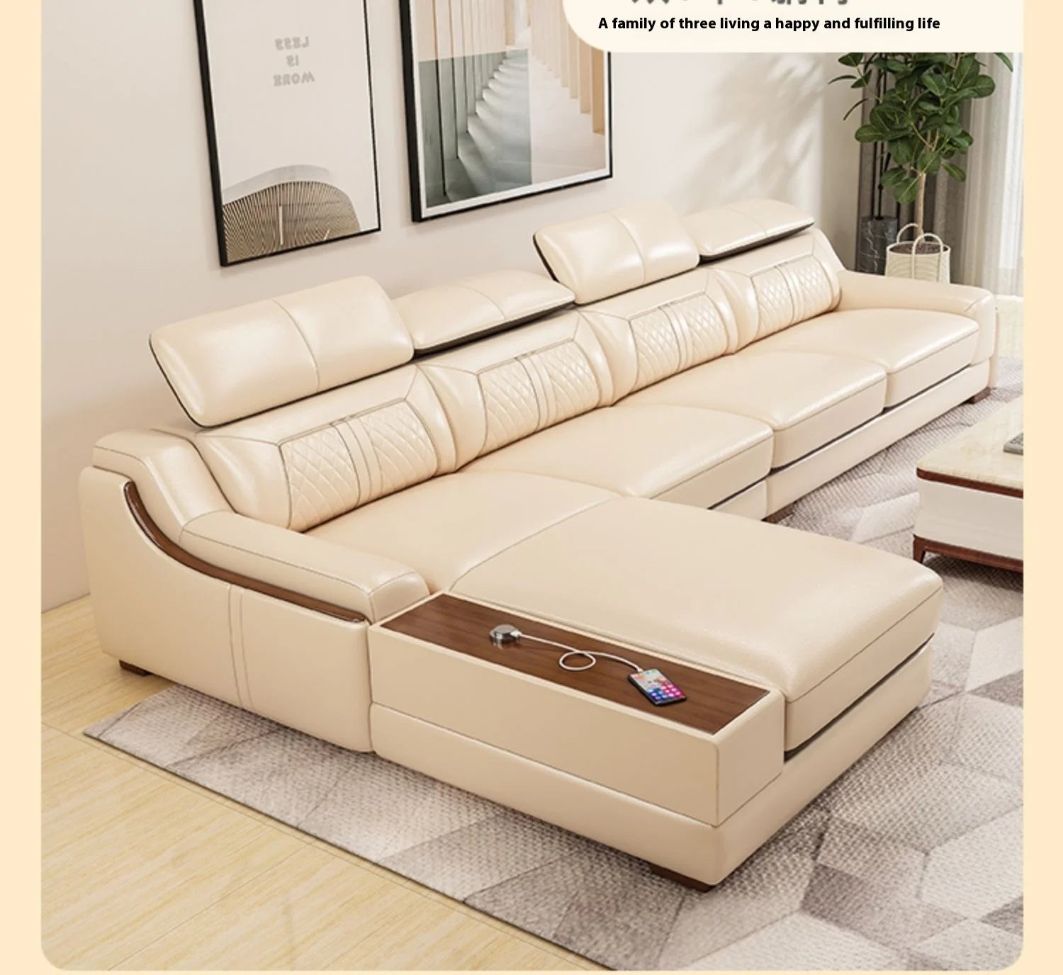 Genuine Italian Leather Sofa L-Shaped With Cup Holders USB Bluetooth — Light Gray | KIMLUD