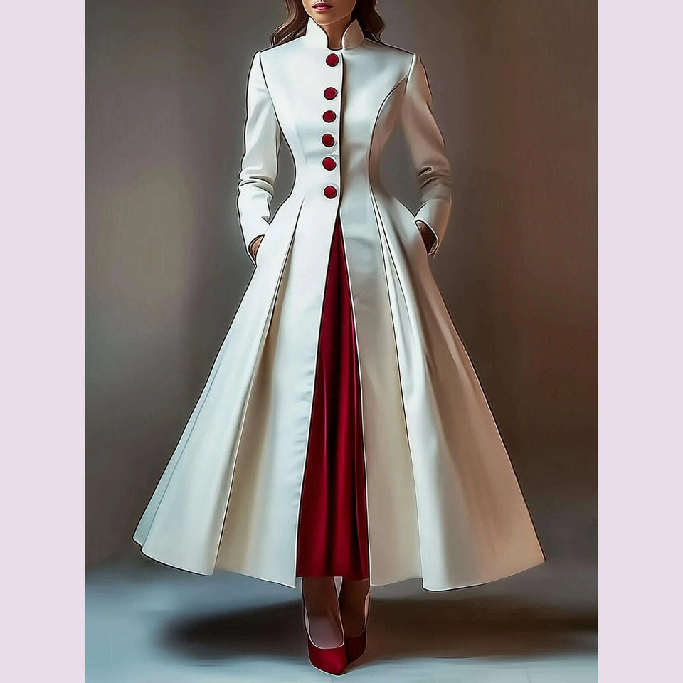 KIMLUD, Elegant A Line Satin Maxi Dress Women Solid Party Evening Long Coat Dress Single Breasted Pockets Stand Collar Women Vestidos, KIMLUD Womens Clothes