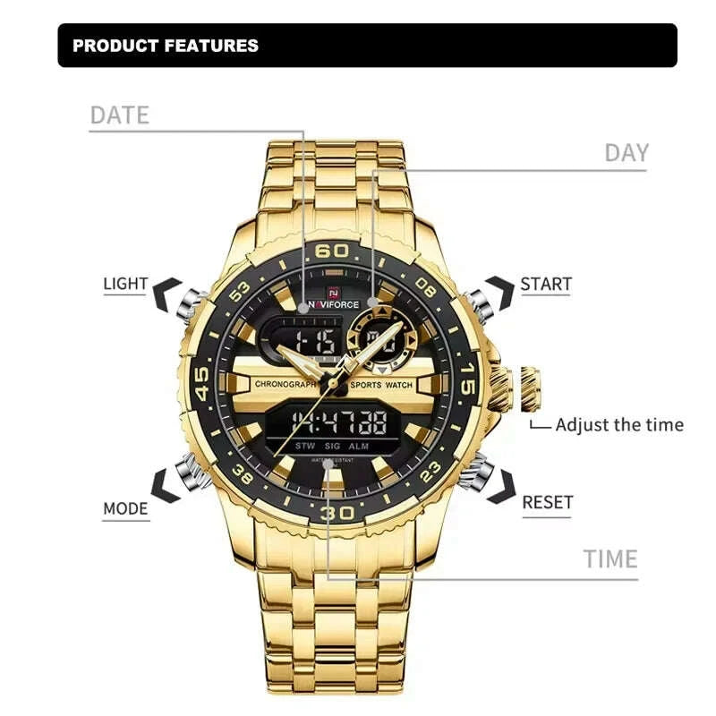 KIMLUD, NAVIFORCE Fashion Brand Black Gold Men Watch Fashion Luxury Quartz Wrist Watches Sport Waterproof Stainless Steel Strap NF9234, KIMLUD Womens Clothes