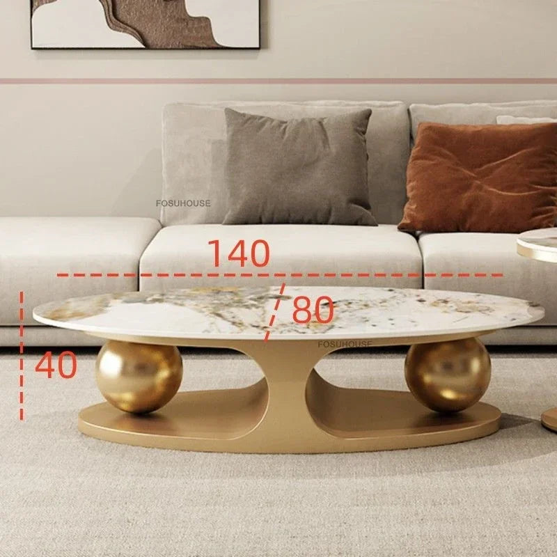 Gold-Toned Iron Oval Coffee Table With Glass Centerpiece — Gold | KIMLUD