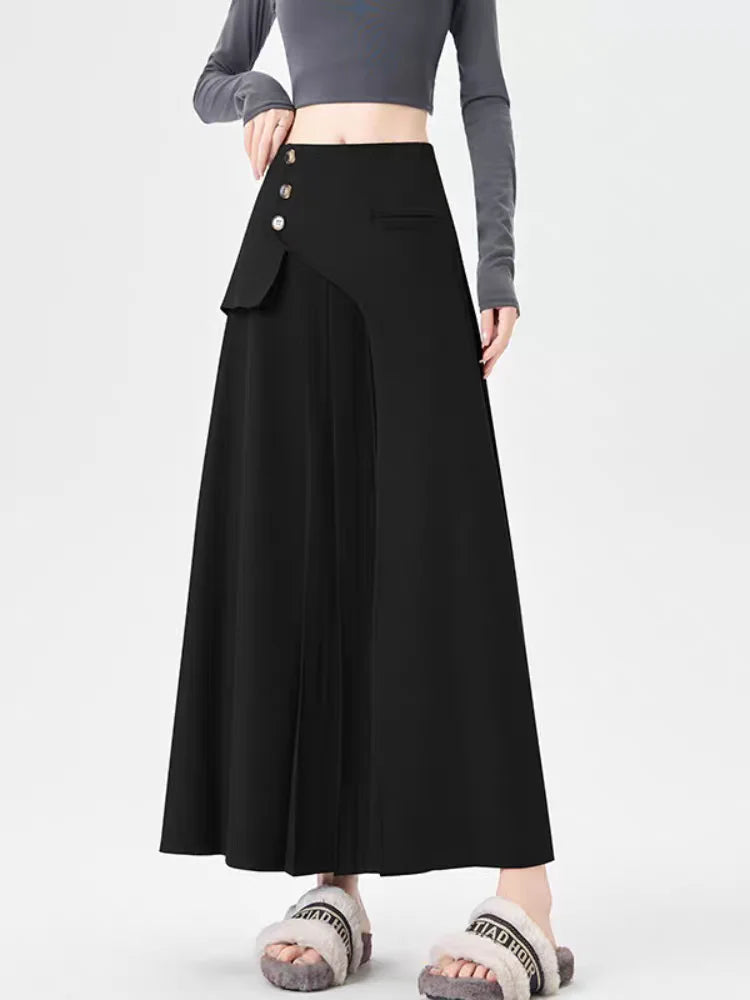 Grey Suiting Midi Skirts for Women High-Waisted A-Line Flare Skirt Perfect Hip-Camouflage Office Skirt for Autumn
