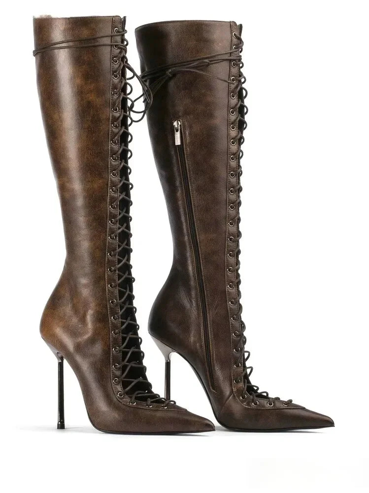 Lace-Up Leather Solid Knee-High Boot — Black | KIMLUD