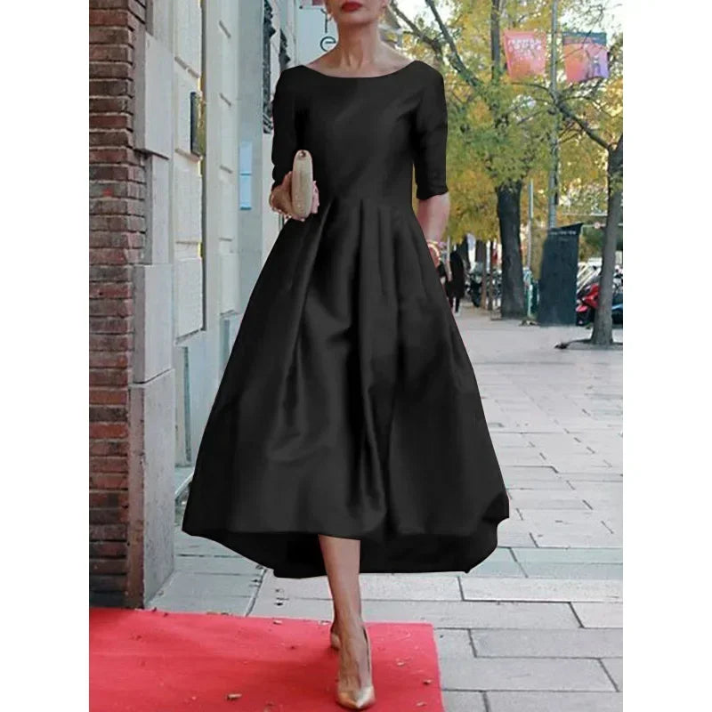 Women's Elegant Banquet Evening Midi Dresses 2025 New Spring Half Sleeves Pleated Solid Color Party A-Line Dress