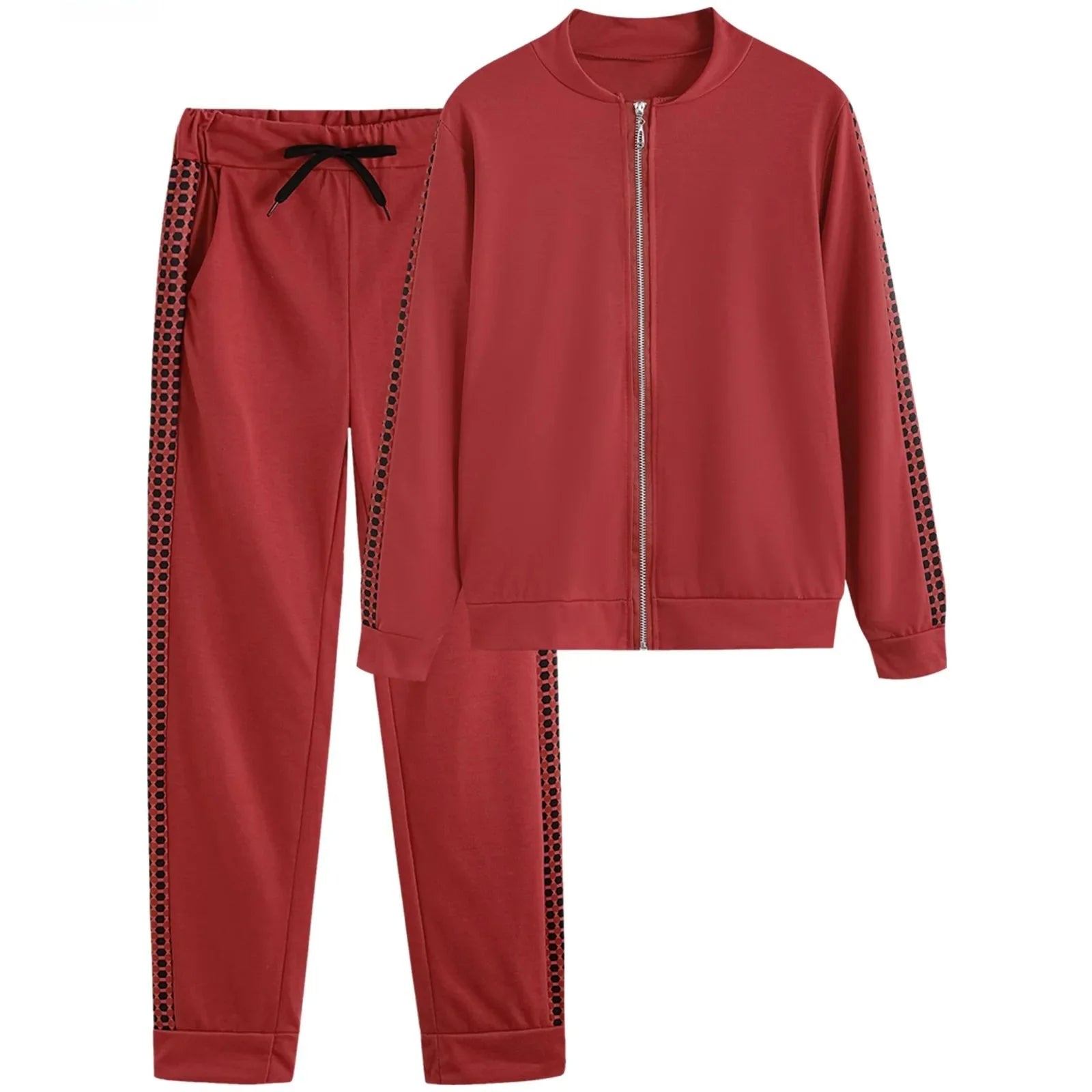 Sport Plaid Patchwork Long Sve Set Women's Casual Sportswear Polyester Fabric Zipper Closure Long Pants Two-Piece Set