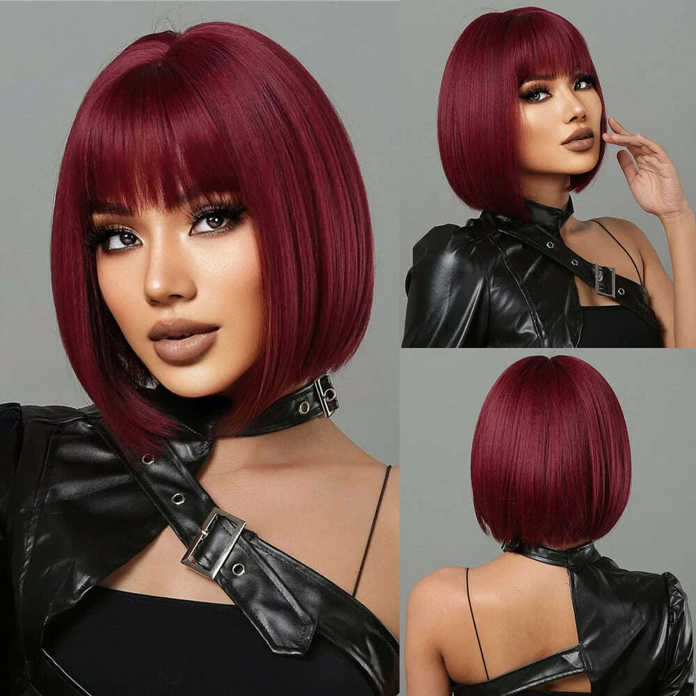 KIMLUD, Short straight synthetic wig Ginger Brown Bob wig with straight bangs Ladies Cosplay daily natural high temperature silk wig, KIMLUD Womens Clothes