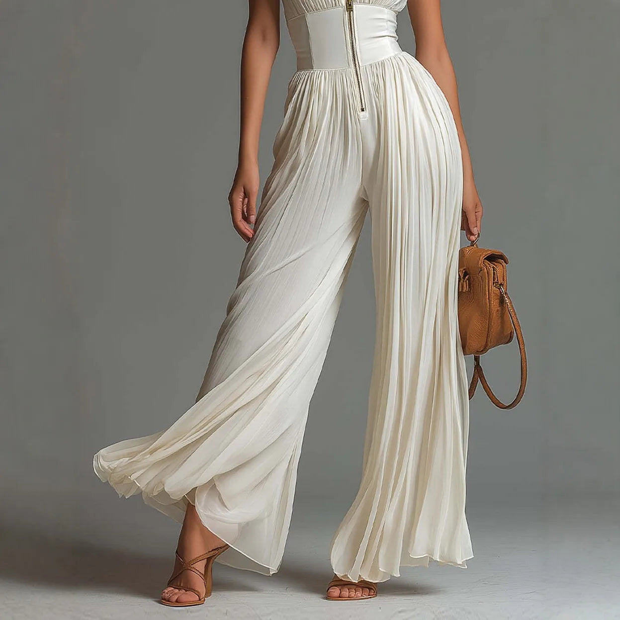 Spring Summer Women White Ruched Halter Jumpsuit Playsuit Wide Leg Romper