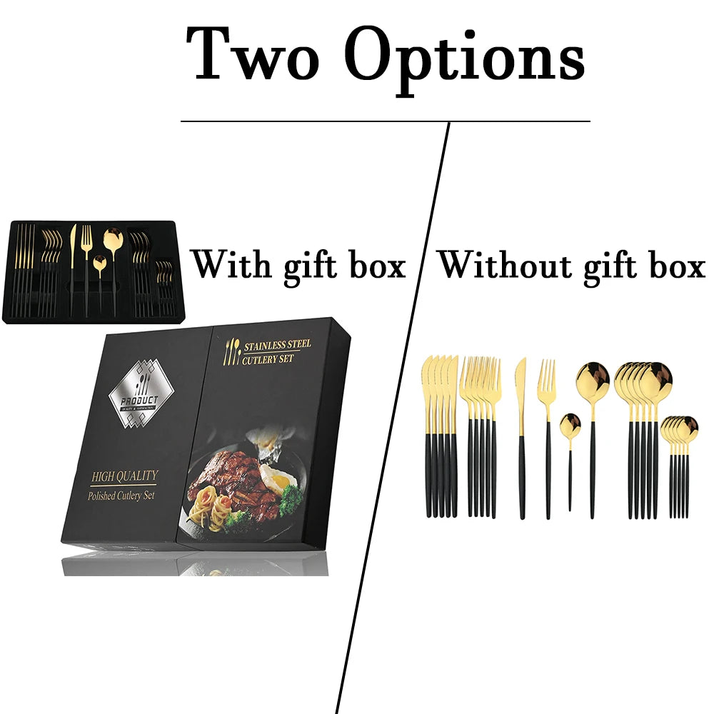 Gold Tone Cutlery Set With Black Handles — Black | KIMLUD
