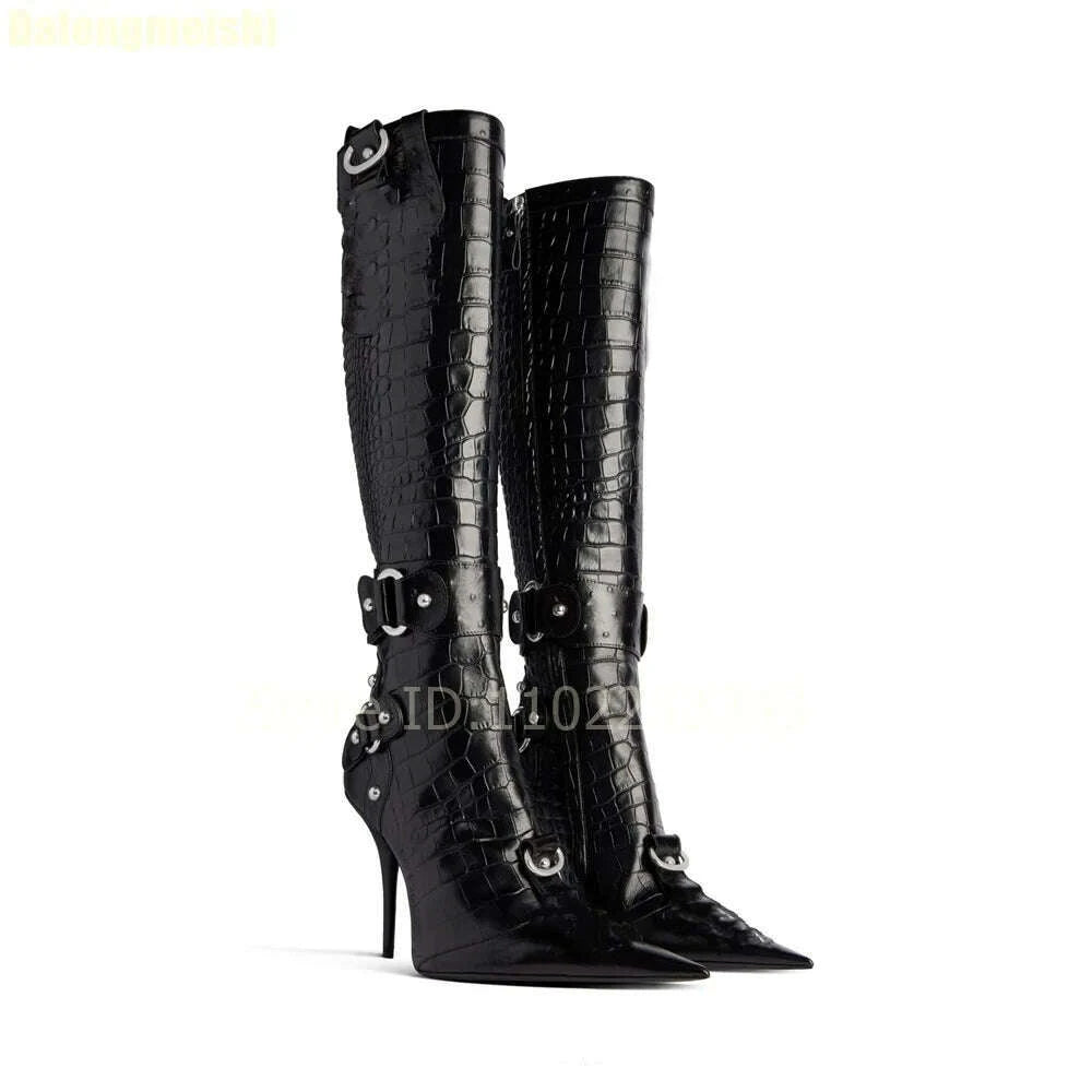 2025-new-stiletto-high-heels-crocodile-pattern-boots-fashion-b-button-motorcycle-pointed-toe-boots-womens-black-knee-high-bootskimlud-womens-fashion-34628931