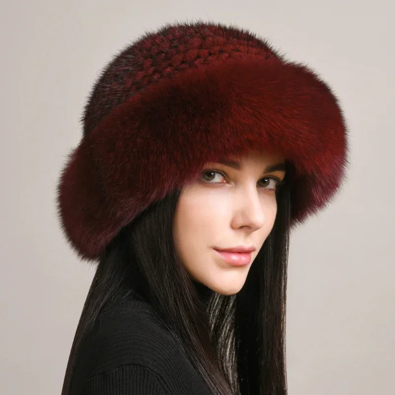 New Genuine Real Natural Knitted Mink Fur Hat Cap Luxury Women Handmade Knit Fashion Winter Headwear Warm Real Fox Fur Beanies