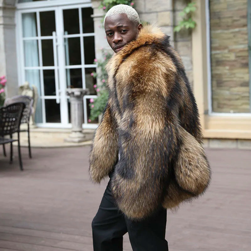 JANEFUR Men's Winter Raccoon Coat Thick Collar Warm Coat Real Raccoon Fur Coat Luxury Fashion