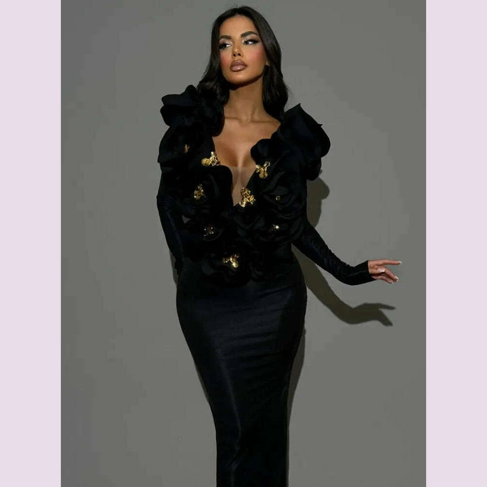 Chic Women Celebrity Sexy Deep V Neck Flower Black Maxi Long Bandage B Chic Women Celebrity Sexy Deep V Neck Flower Black Maxi Long Bandage B