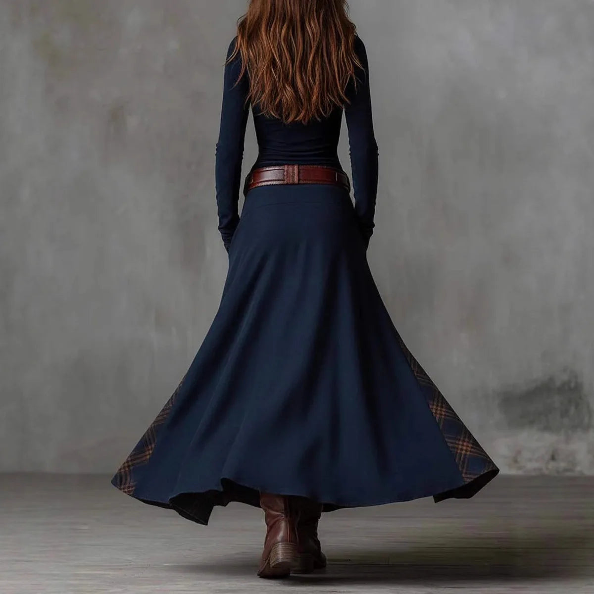 Suede Plaid Dress A-Line Long Sleeve Belted With Retro Pockets — Midnight Navy | KIMLUD