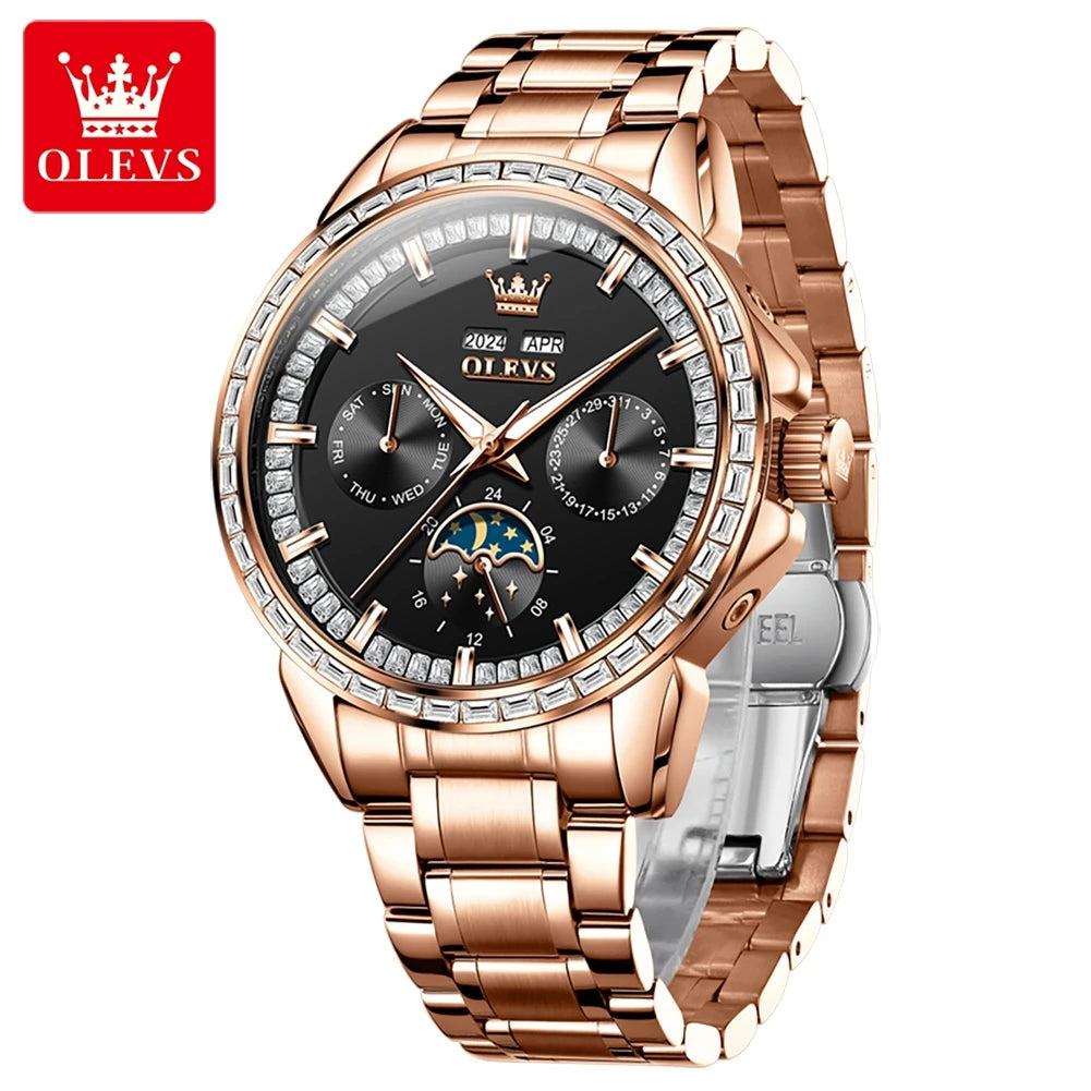 Rose-Gold Moon Phase Diamond Bezel Watch — Black | KIMLUD