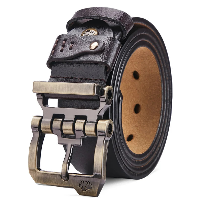 Split Leather Belt Vintage Pin Buckle 3.8 Cm Wide For Men — Black Coffee | KIMLUD