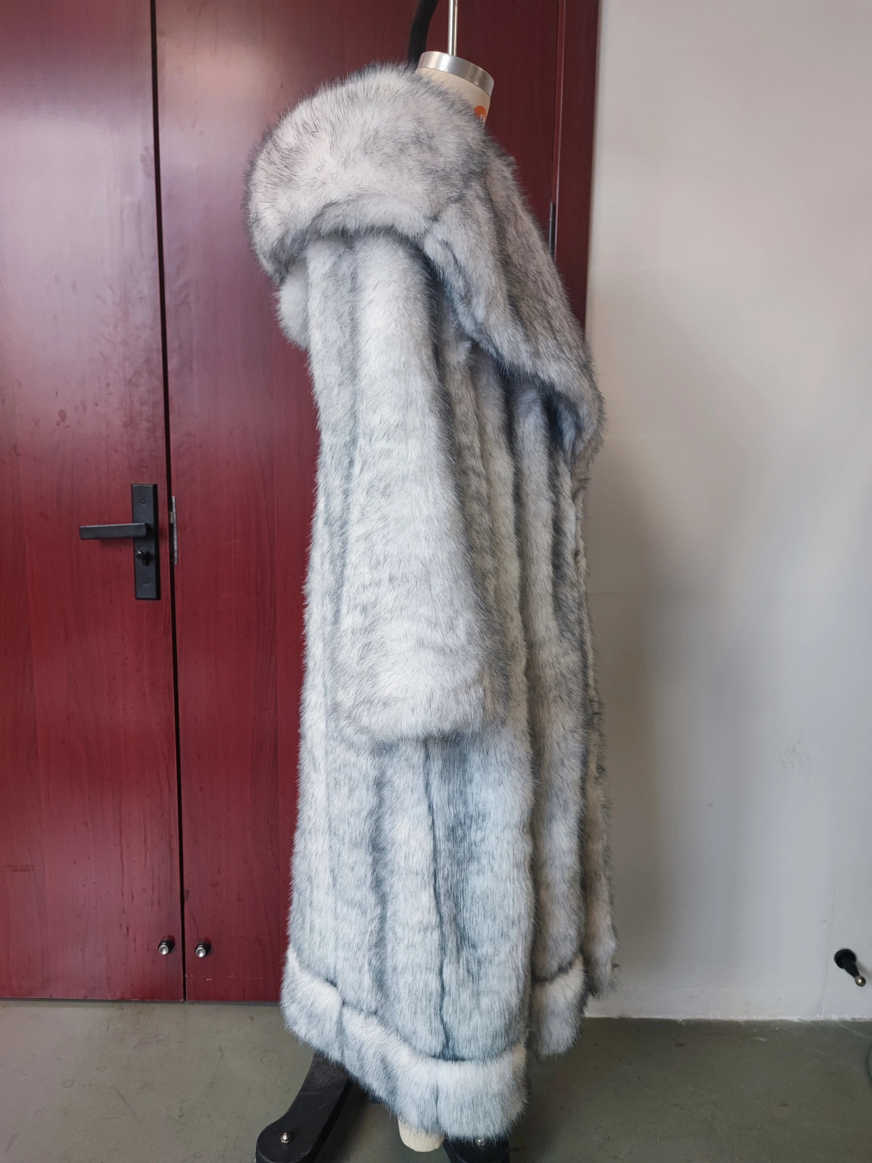 Faux Fox Fur Coat Long Hooded Thermal Full Pelt — Black | KIMLUD