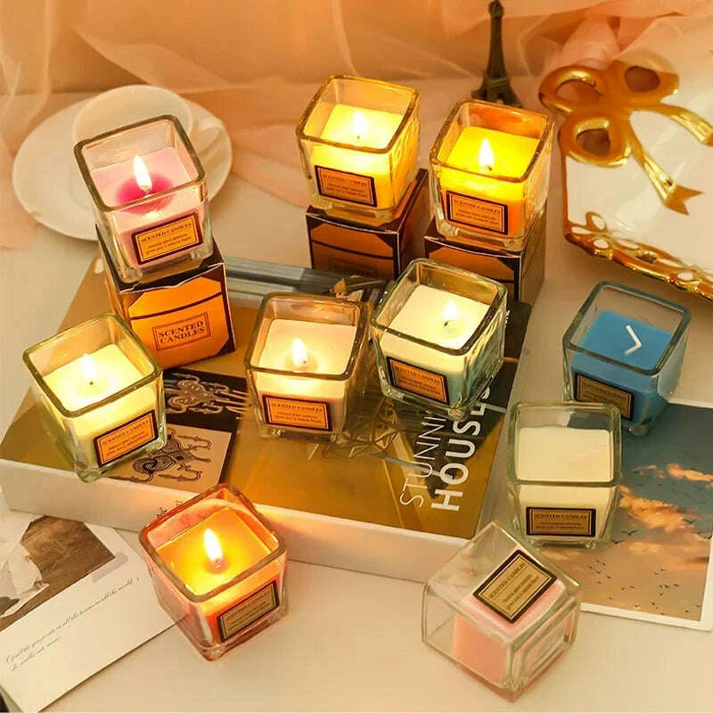 KIMLUD, Candy Color Fragrance Candle Fragrance Environment Glass Square Cup Bedroom Household Decoration Small and Fresh, KIMLUD Womens Clothes