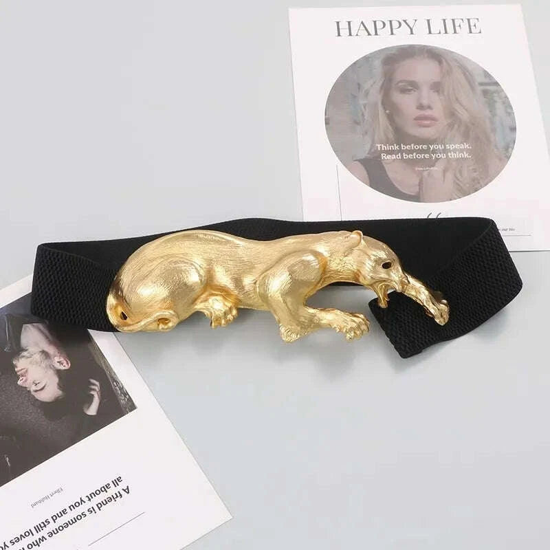 KIMLUD, Women's Fashion Black Genuine Leather Gold Leopard corset Female Cummerbund Coat Waistband Dress Decration Wide Belt J005, KIMLUD Womens Clothes