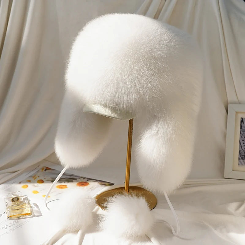 2025 Winter 100% Real Silver Fox Fur Bomber Hat Raccoon Fur Ushanka Cap Trapper Russian Men's Ski Hats Caps