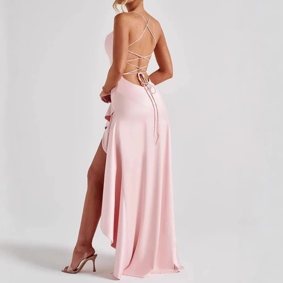 Summer Top Sexy Women's Straightening Strap Back Ruffle Irregular Dress