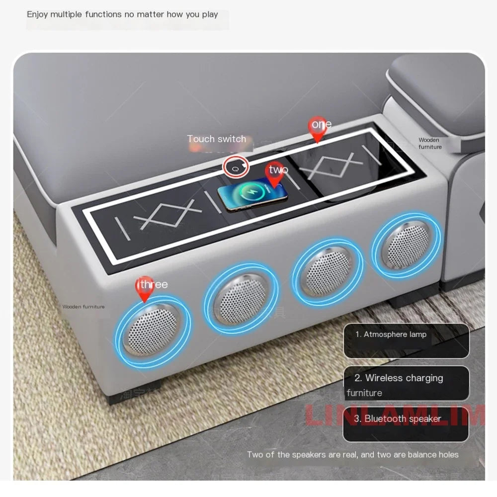 Linlamlim Modern Scientific Fabric Sectional Sofa Set with Chaise Lounge, Bluetooth Speakers, USB Charging Ports for Living Room