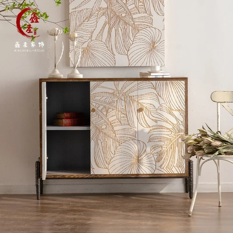 Modern Solid Wood Carving Flower Sideboard Buffet Cabinet with Door, Large Kitchen Storage Cabinet with Solid Wood Console Table