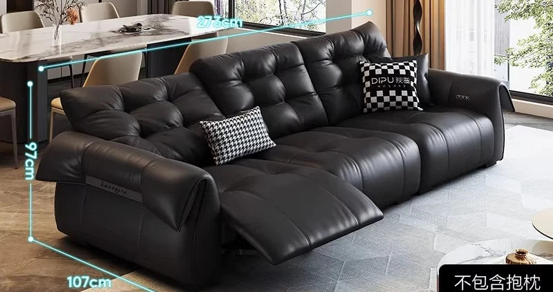 Full-Grain Leather Minimalist Multifunctional Sofa With Sculpted Modular Form — Black | KIMLUD