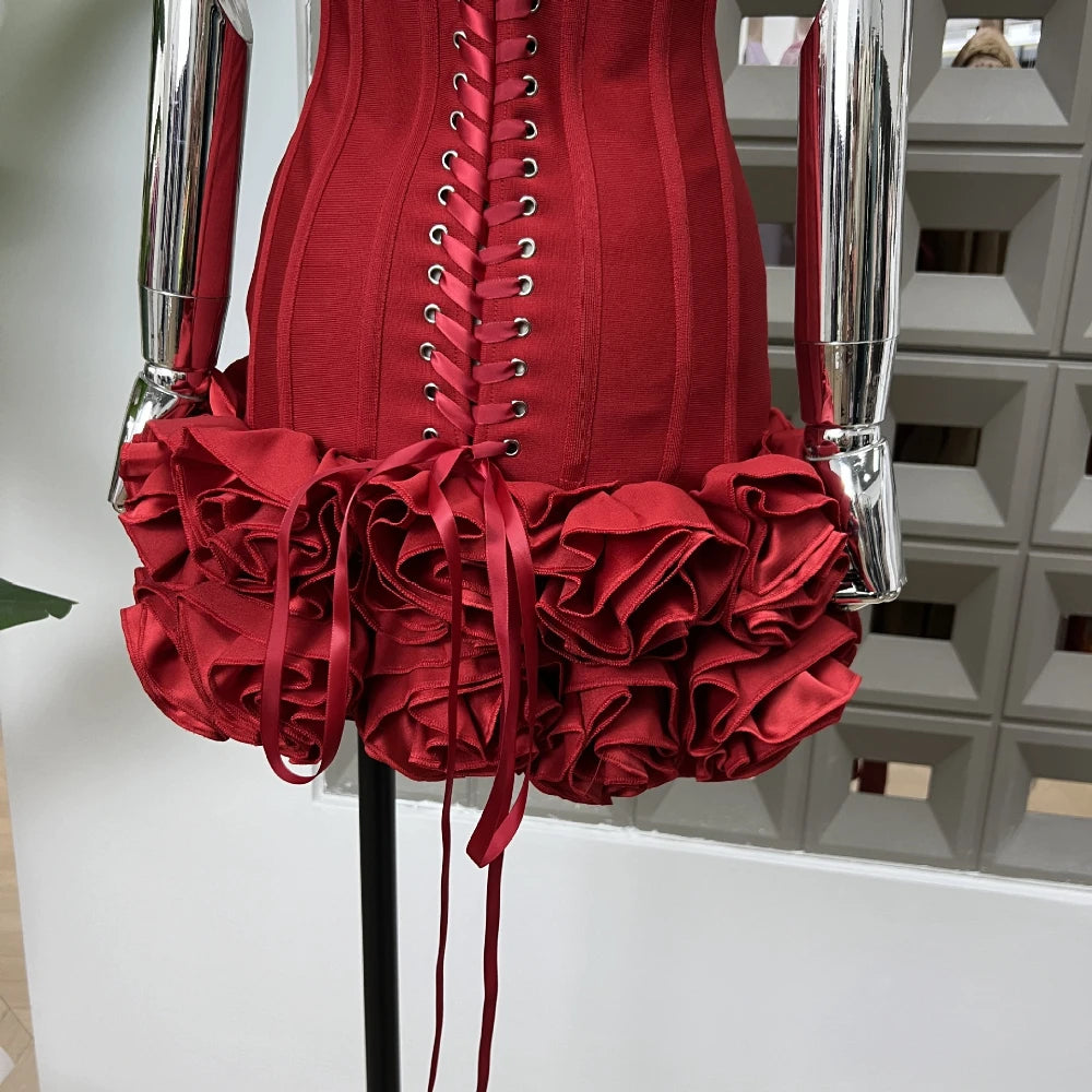 Sexy Strapless Bodycon Dresses for Women 3D Floral Fashion Party Evening Club Bandage Dress Formal Elegant Slim Birthday Gowns