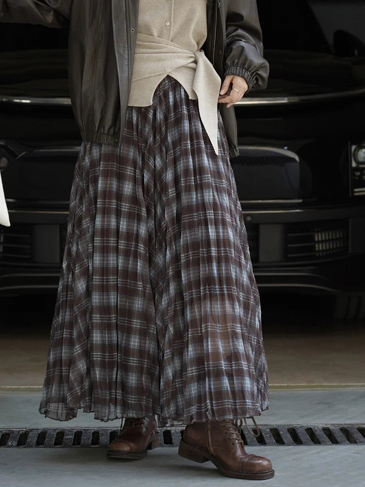 Skirt - High Elastic Waist - A-Line - Blue Coffee Plaid | KIMLUD