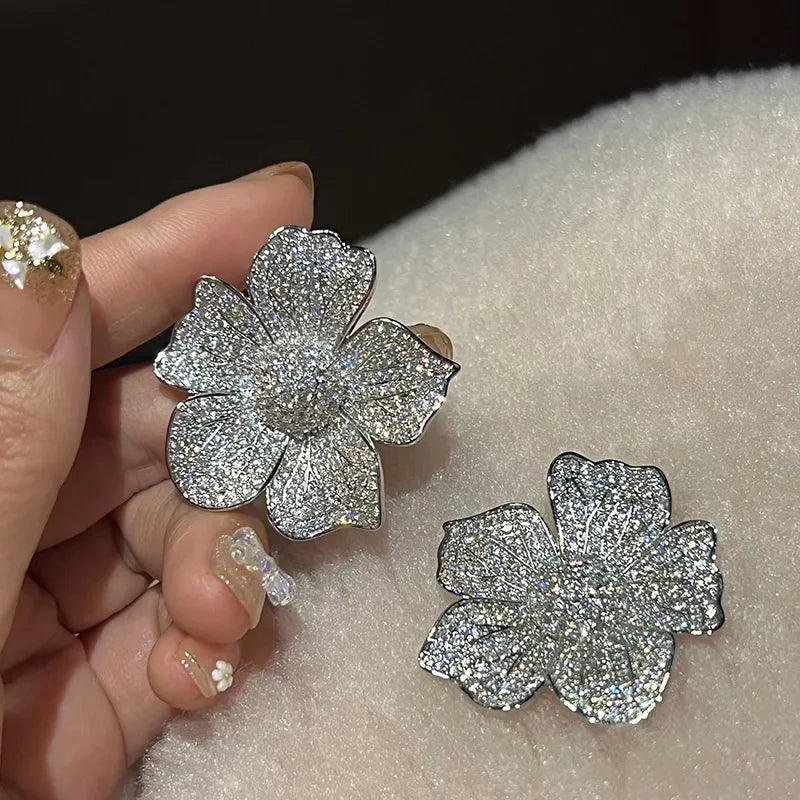 Earrings Sparkling Zirconia Inlaid Flower Earrings Zinc Alloy — Gold | KIMLUD