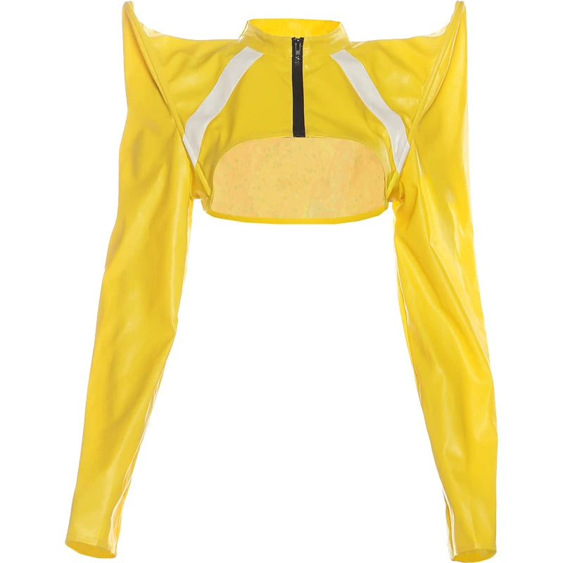 Nibber Leather Zipper Jacket Women Patchwork O-Neck Shoulder Pads Long Sleeve Midnight Moto Style Street Hipster Crop Coat