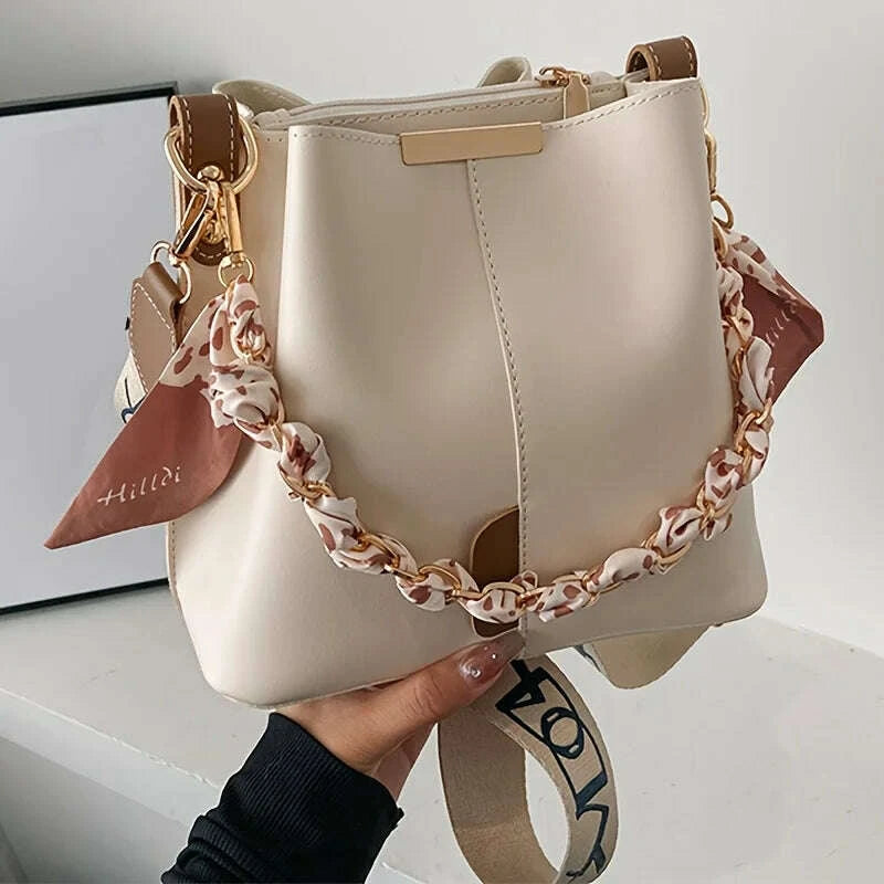 KIMLUD, New Fashion Women's Shoulder Bag Large Capacity Ribbon Chain Bucket Bag Crossbody Bag Daily Commuting, KIMLUD Womens Clothes