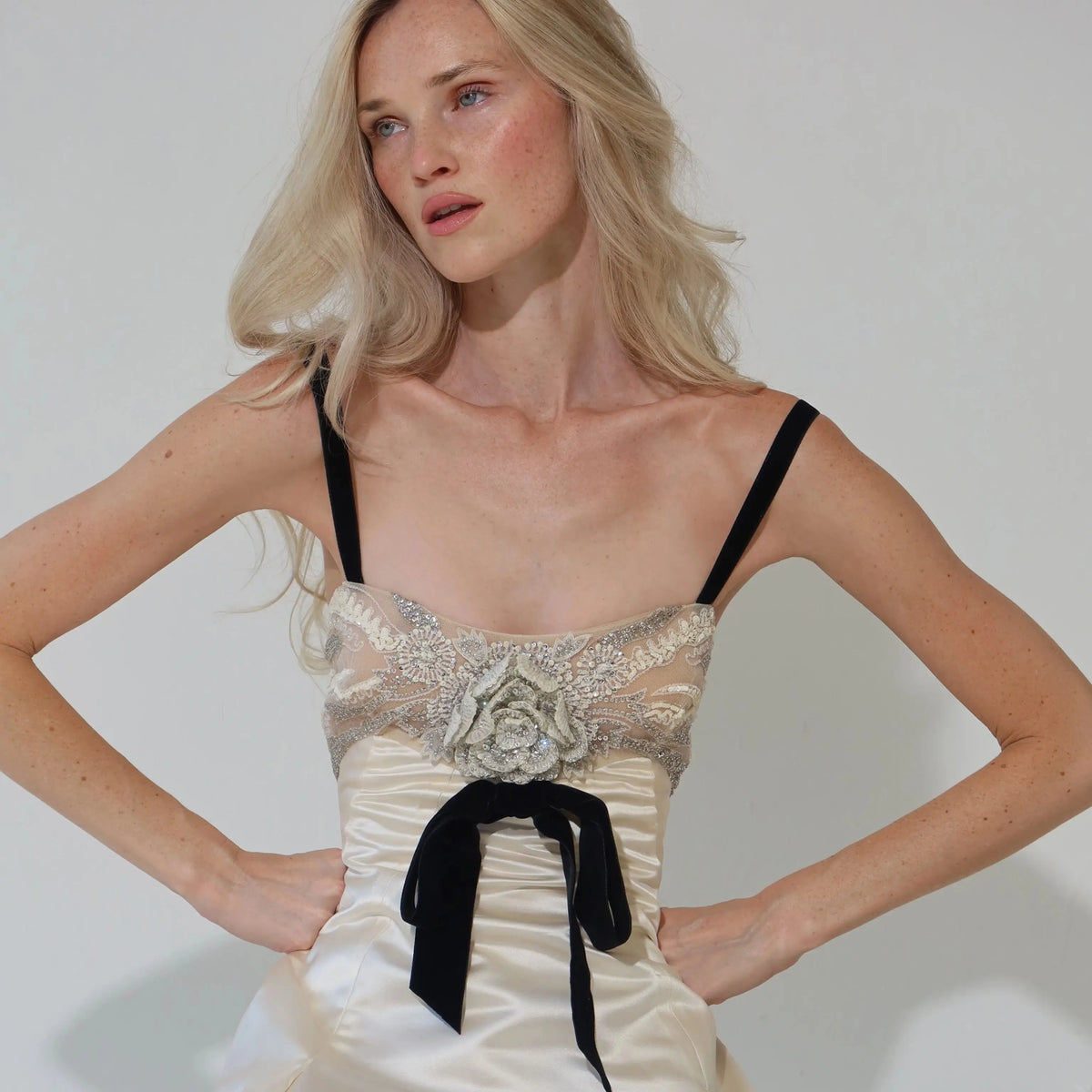 Evening Gown – Crystal Beaded Corset Bow – A-Line Silhouette – Ivory | KIMLUD