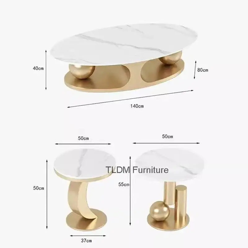 Marble Oval Coffee Tables Brass-Gold Base Nordic Luxury With Italian Art Influence — Ivory | KIMLUD