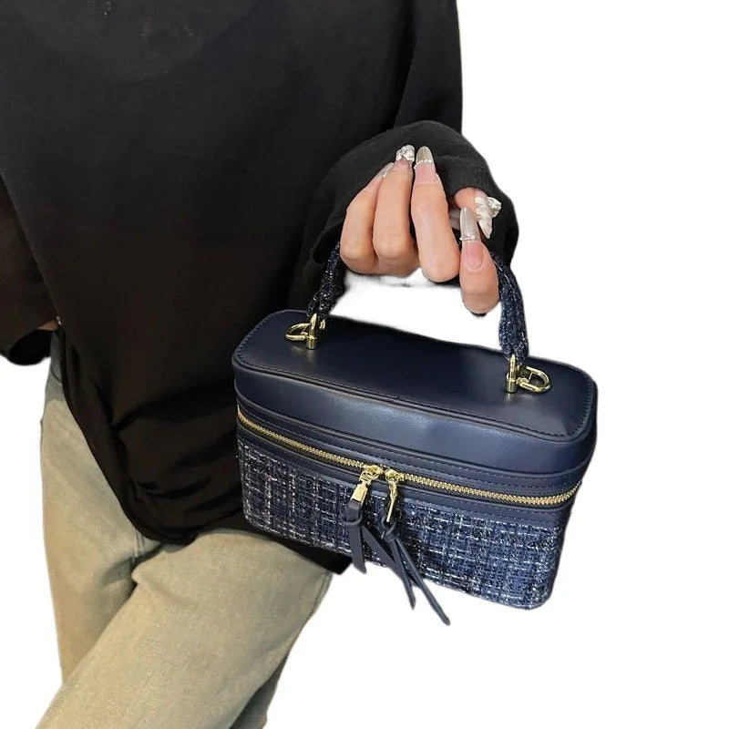 Bouclé-Textured Polyester Square Box Crossbody Bag — Navy | KIMLUD